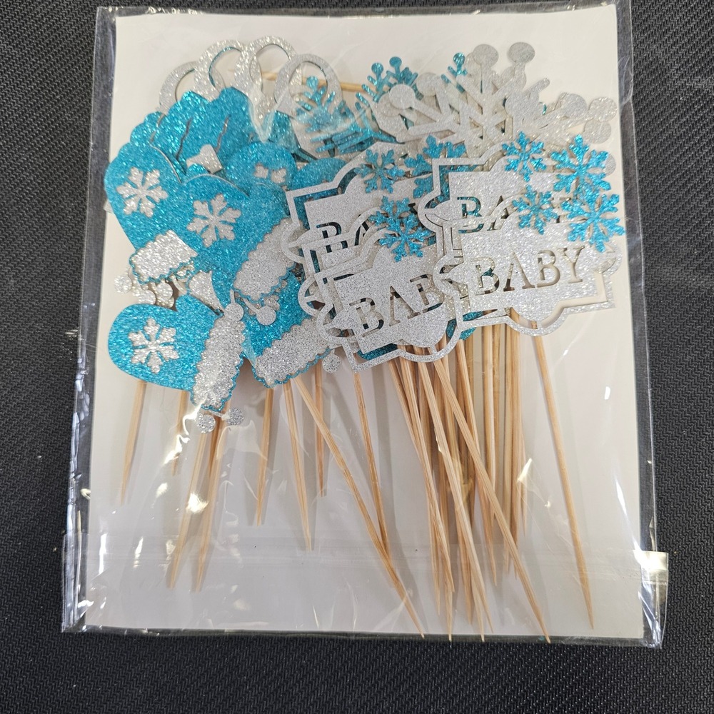 30 Pcs Winter Baby Shower‎ Cupcake Toppers Blue Silver Snowflake Glitter Picks